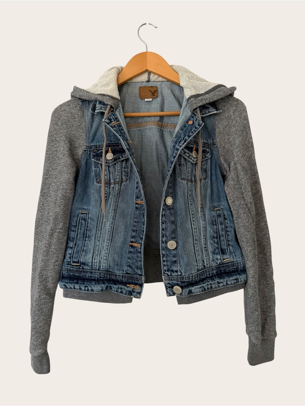 American Eagle Outfitters Blue Denim Jacket with Gray Knit Sleeves & Hood